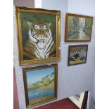 R Emrys Davies, a selection of oils on canvas, to include The Tiger, Waterfall, Badgers and tranquil
