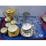 Empire Coffee Ware, brown cups and saucers, silver topped glass tidy jar, custard and other