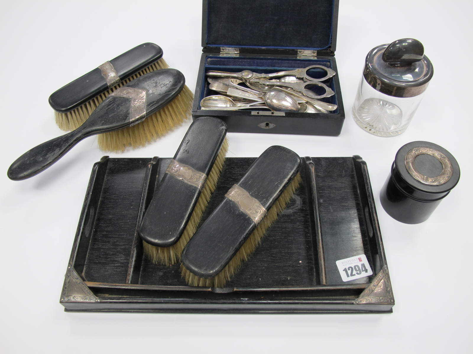 A Silver Decorated Brush Set, London 1918, boxed, etc:- One Box