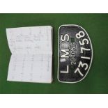 A Cast Reproduction LMS Locomotive Name Plaque/Plate, L.M.S twent tons '731758', along with a 1899/