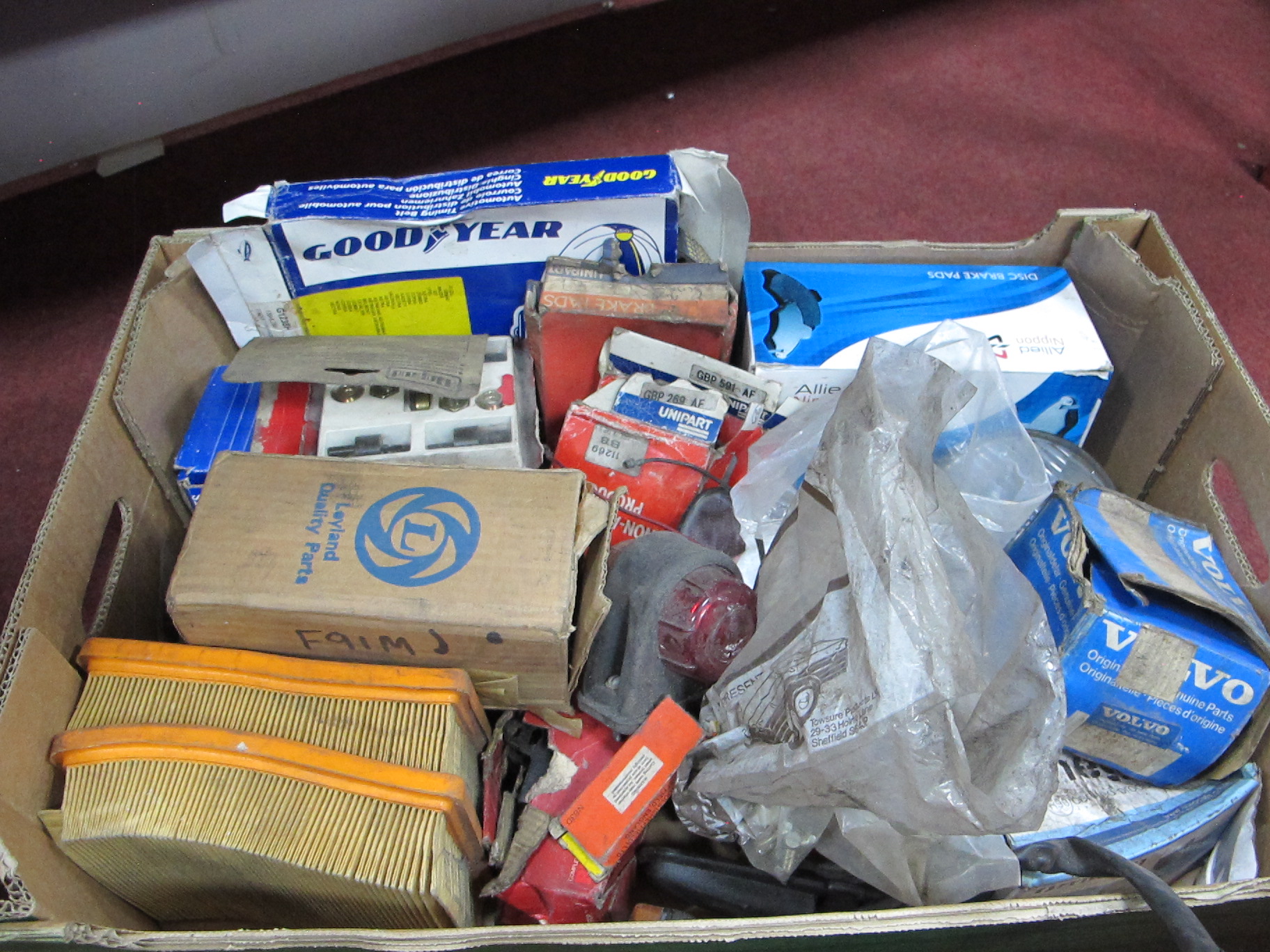 A Quantity of Car Parts, to include cam belt, air filters, break pads, bulbs, etc :- One Box