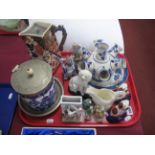 Willow Pattern Biscuit Jar, with plated lid and stand, Fairing, Staffordshire pottery spaniels,