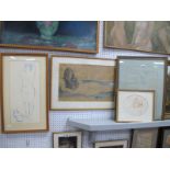 G. Norman? framed pencil drawing, full length nude, oval seated nude, etc (4).