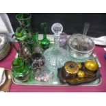 Victorian and Later painted and Ovelaid Green Glassware, ships decanter, Russian lacquer trinkets,