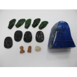 Lapis Mineral Paperweight, 11cm high, Chinese green frog pendants x 5, four oval examples. etc.