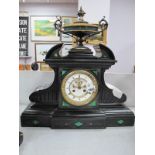 A Large XX Century Slate Mantle Clock, classical style urn finial over circular dial with Roman