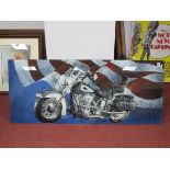 R. List Painting on Glass of a Motorcycle, with American flag to background, 49.5 x 118cm, signed