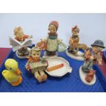 Hummel Figures, including Boy reading Newspaper, Girl with paniers, duck with fly on nose etc:-