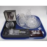 A Waterford Crystal Gavel, (boxed), paperweight, cut glass dressing table set, etc:- One Tray.