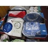 A Selection of Blue & White Dinnerware, Belleek timepiece, Evesham ware, etc:- One Box..