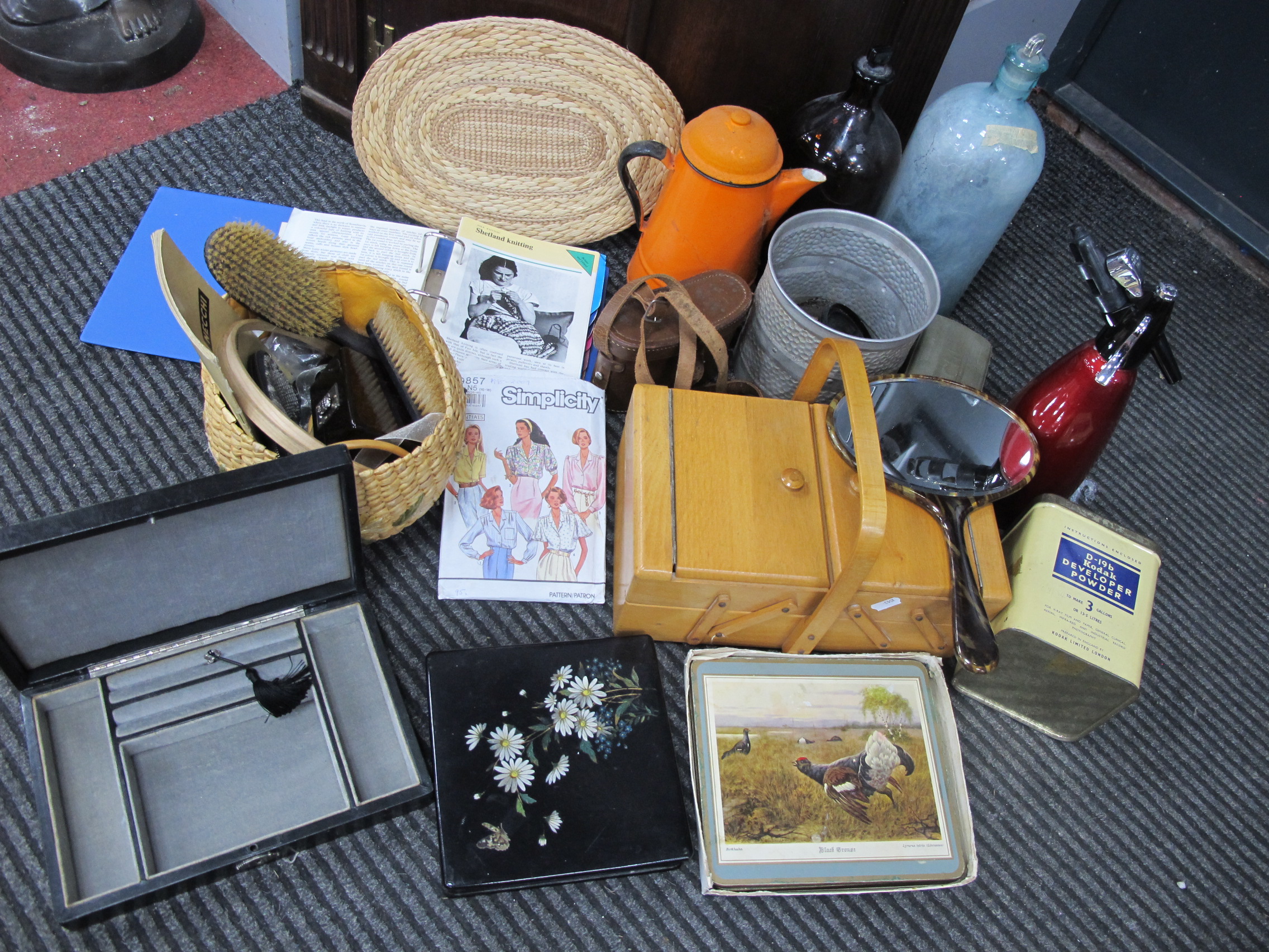 Household - Seltzer, Mirrors, storage bottles, cased binoculars, sewing kit, coasters, etc:- One