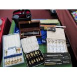 Scientific Instruments - Drawing implements, four drawer cased, telescope, slide rule, binoculars,