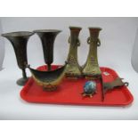 A Pair of Eastern Brass Vases, two fluted metal vases, etc :- One Tray