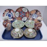 XIX Century Chinese Cantonese Plates, Cups-Saucers, Imari pattern plates:- One Tray.