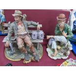 Capodimonte Figure of a Tramp on a Bench, signed Volta, another of a tramp playing mouth organ by