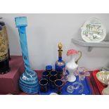 Italian Blue Glass Decanter, six tumblers with gilt decoration, XIX Century glass jug with a large