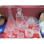 Cut Glass Decanters, Whisky glasses, oval shaped bowl:- One Tray.