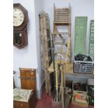 Two Pine Step Ladders, with garden tools to include spade, digging fork, lawn edging cutter,