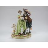 Italian Capo di Monte Porcelain Figure Group of Caviler Serenading Lady with Cherub in Attendance,