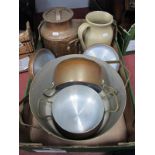 XX/XIX Century Copper Creamer, 26cm, jam pan, two lidded pots and a stoneware jug, (5):- One Box.