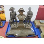 Napoleon Spelter Desk Stand, 25cm high, early XX Century, with two bakelite inkwells, marked made in