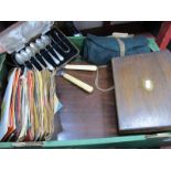 Silver Plated Cutlery, in three felt and leather roll ups, six tea spoons and tongs in fitted case