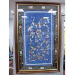 Oriental, Needlework panel featuring approximately 100 figures, gates, trees and flag, on blue