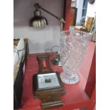Oak Cased Wall Barometer, desk lamp, glass vase, 30cm high. (3).