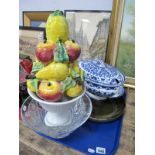CLEE POTTERY Shaped dish, 39.5cm long; Italian hand painted ceramic fruit in pedestal dish, blue and
