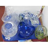 Cut Glass Basket, blue glass bowl with bubble inclusions, glass vase etc:- One Tray.