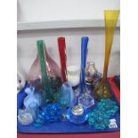 Purple Bulbous Glass Vase, spiral glass spill vases, other glass ware:- One Tray.