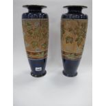 Matched Pair of Doulton Slater's Chiné Stoneware Vases, each with deep blue rims and lower bodies,