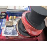 Two Folding Top Hats, one A.J. White, one Halderdier and other unmarked, two pairs of opera glasses,