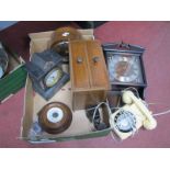 1920's Walnut Mantle Clock, aneroid barometer, oak two drawer chest, XIX Century black slate