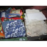 Vintage Linen Tablecloths, doylies etc, with a box of tea-cosy's, table cloths etc:- Two Boxes.