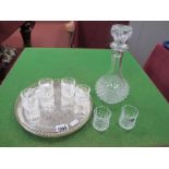 Crystal D'Arques Glass Decanter and six glass on silver tone tray.