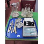 A Cased Set of Hallmarked Silver Handled Tea Knives, a plated mounted claret jug, bottle coaster,