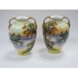 Noritake Pair of Early/Mid XX Century Pottery Vases, of ovoid form, each hand painted with swan on