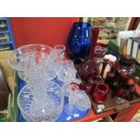 Cut Glass Vase, bowl, Brandy glasses, large blue Brandy glass, Ruby glass vase etc:- 'Two Trays.