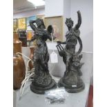 A Pair of Early XX Century Spelter Figures of Classical Maidens, (one damaged).