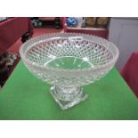 Cut Glass Pedestal Bowl, circa 1900 with serrated rim, hob nail bowl, boulster support on square