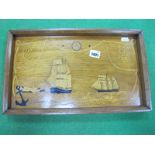 Manx Mahogany Tray, circa 1900 inlaid in varying woods, featuring clipper ships at full sail,