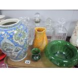 Four Glass Decanters, tallest 26cm high, green glass bowl, small green vase, Islamic pottery vase