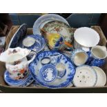 A Quantity of Blue & White Cups, Saucers, twin handled cups, bowls, plates etc:- One Box.