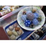 Hand Painted Footed Dish, together with blue and white ceramic balls, decorative hand painted and
