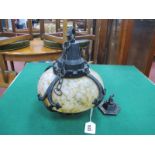 1920's Ceiling Light, with marble effect shade, enclosed in cast iron brackets.