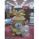XIX Century Gilt Metal Mantle Clock, with enamel hand painted floral dial and finial, 8 day