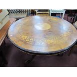 XIX Century Style Walnut Inlaid Table, with a circular top, circular oval marquetry panel, with