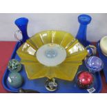 Large Yellow Glass Bowl in the Form of a Flower, 30.5cm wide, blue glass jug and vase, with