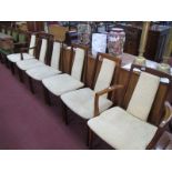 G Plan Set of Six (Four Single, Two Carver) Teak Dining Chairs, with cream fabric seats and back.